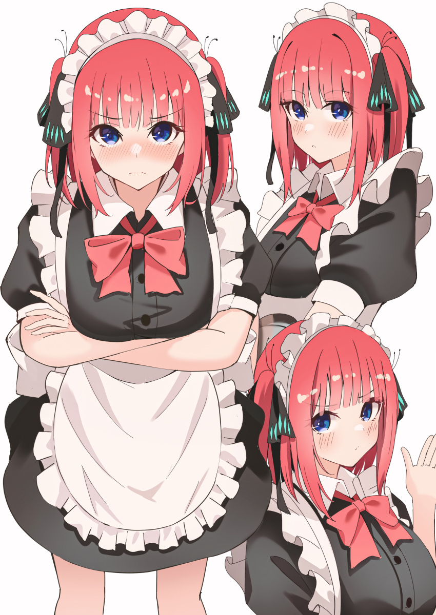 &gt;:( 1girl absurdres alternate_costume apron arm_up bangs bare_legs black_dress black_ribbon blue_eyes blunt_bangs blush bow breasts butterfly_hair_ornament crossed_arms dress embarrassed enmaided frilled_apron frills from_above from_side frown go-toubun_no_hanayome hair_ornament highres large_breasts looking_at_viewer maid maid_apron maid_headdress nakano_nino parted_lips pension_z pink_hair raised_eyebrows red_bow ribbon short_sleeves simple_background twintails v-shaped_eyebrows white_background