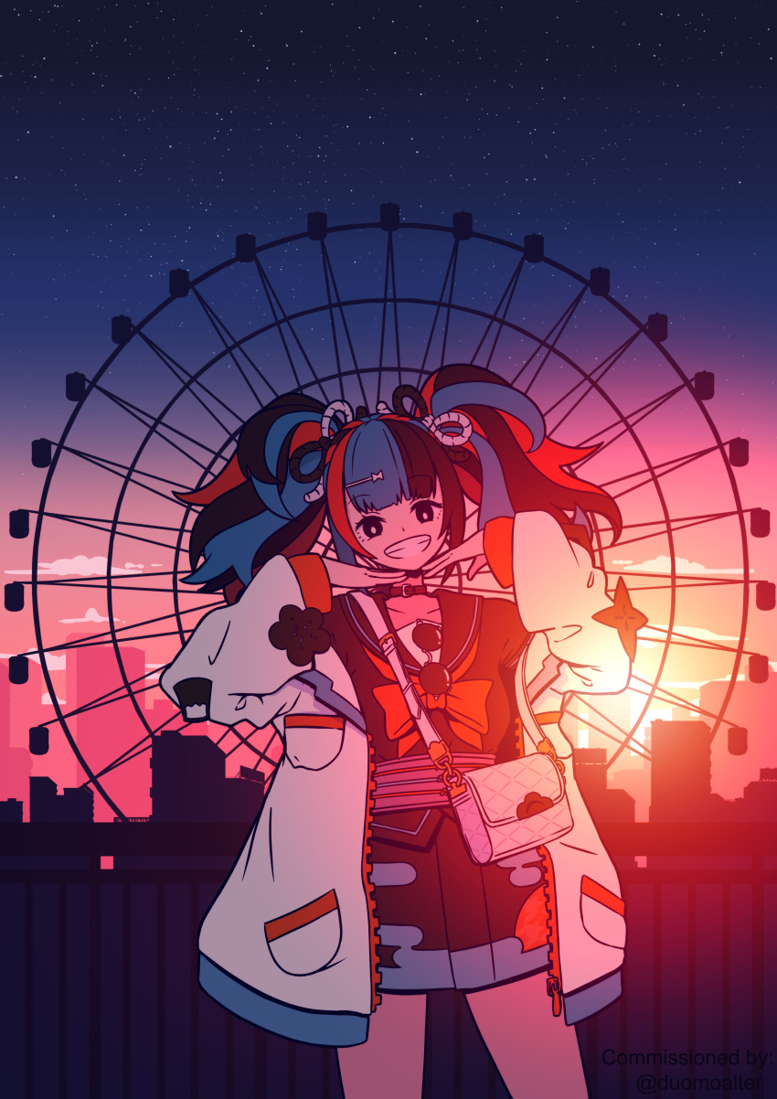 1girl absurdres bag black_eyes collar eyewear_removed fate/grand_order fate_(series) ferris_wheel greedydeviant grin handbag highres jacket multicolored_hair one_eye_closed sailor_collar sei_shounagon_(fate) sky smile star_(sky) starry_sky sunglasses sunset twintails white_jacket