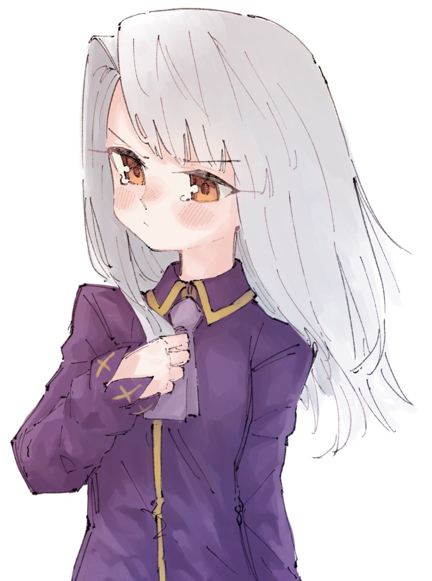1girl ascot blush brown_eyes fate/stay_night fate_(series) hand_on_own_chest highres illyasviel_von_einzbern jacket long_hair looking_away purple_jacket simple_background sketch solo tearing_up tenoo12 upper_body white_background white_hair