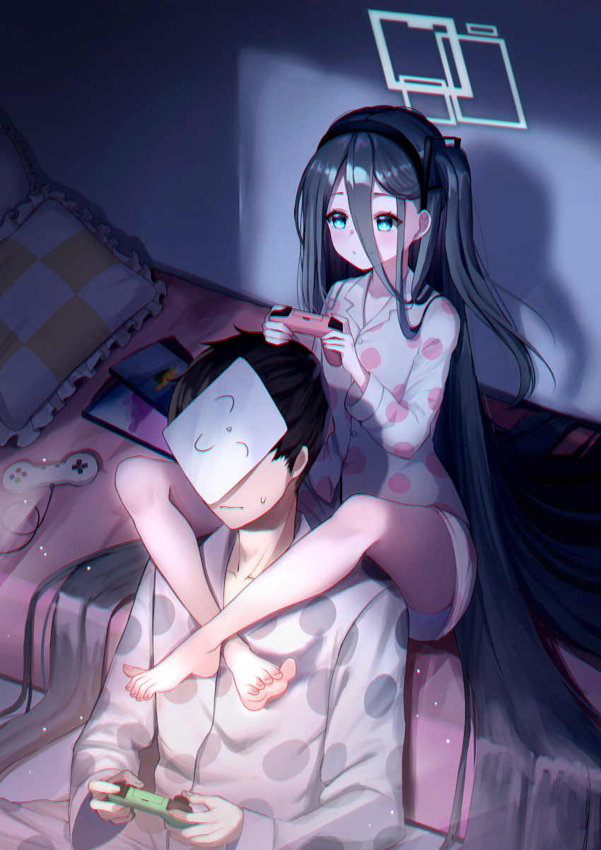 1boy 1girl absurdly_long_hair absurdres alternate_costume arisu_(blue_archive) bangs bare_legs barefoot bed bitseon black_hair blue_archive blue_eyes controller crossed_legs dark_room game_console game_controller hair_between_eyes halo highres holding holding_controller indoors leg_lock long_hair on_bed on_floor pajamas paper_on_head pillow playing_games playstation_controller sensei_(blue_archive) shorts side_ponytail sitting sitting_on_bed smile super_nintendo sweatdrop toes very_long_hair