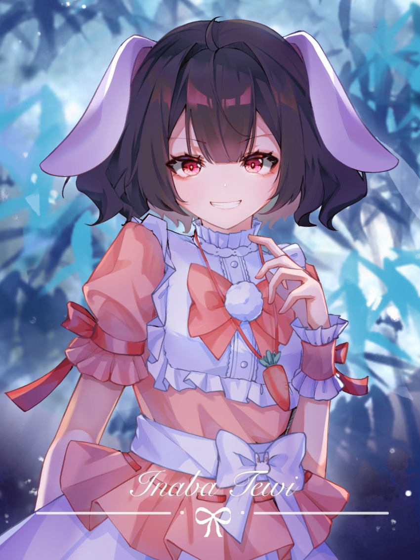 1girl animal_ears arm_at_side black_hair bow bowtie carrot_necklace character_name commentary frilled_sleeves frills grin hand_up highres inaba_tewi layered_clothes looking_at_viewer medium_hair pink_bow pink_bowtie pink_shirt pom_pom_(clothes) puffy_short_sleeves puffy_sleeves rabbit_ears rabbit_girl red_eyes red_ribbon ribbon ringo_no_usagi_(artist) shirt short_sleeves skirt smile solo teeth touhou upper_body waist_bow white_bow white_skirt wrist_cuffs