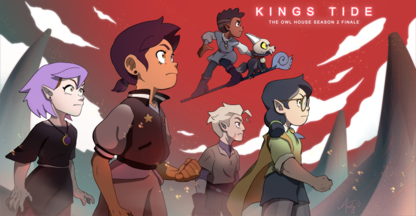 3boys 3girls absurdres amity_blight black_hair blonde_hair brown_hair clouds colored_skin dark-skinned_female dark-skinned_male dark_skin glasses gus_porter highres hunter_(the_owl_house) jacket jewelry king_clawthorne luz_noceda multiple_boys multiple_girls necklace oh_heyyy_andy pointy_ears purple_hair red_eyes red_sky scar short_hair sky star_(symbol) the_owl_house twintails white_skin willow_park yellow_eyes