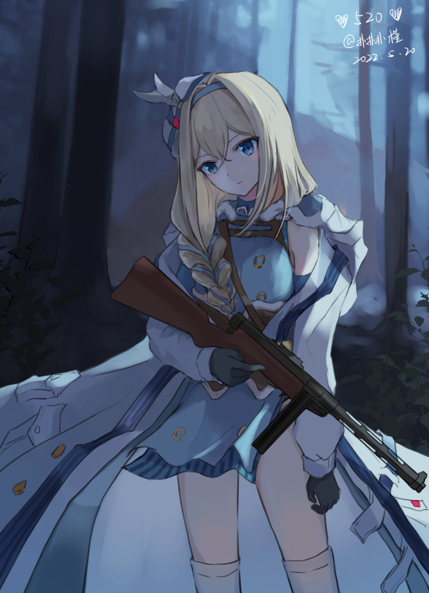 1girl absurdres black_gloves blonde_hair blue_eyes blue_hairband braid coat forest girls_frontline gloves gun hair_intakes hair_ornament hair_over_shoulder hairband highres holding holding_gun holding_weapon long_hair long_sleeves mod3_(girls'_frontline) nature open_clothes open_coat outdoors sakatakin snowflake_hair_ornament solo submachine_gun suomi_(girls'_frontline) suomi_kp/-31 tree weapon white_coat