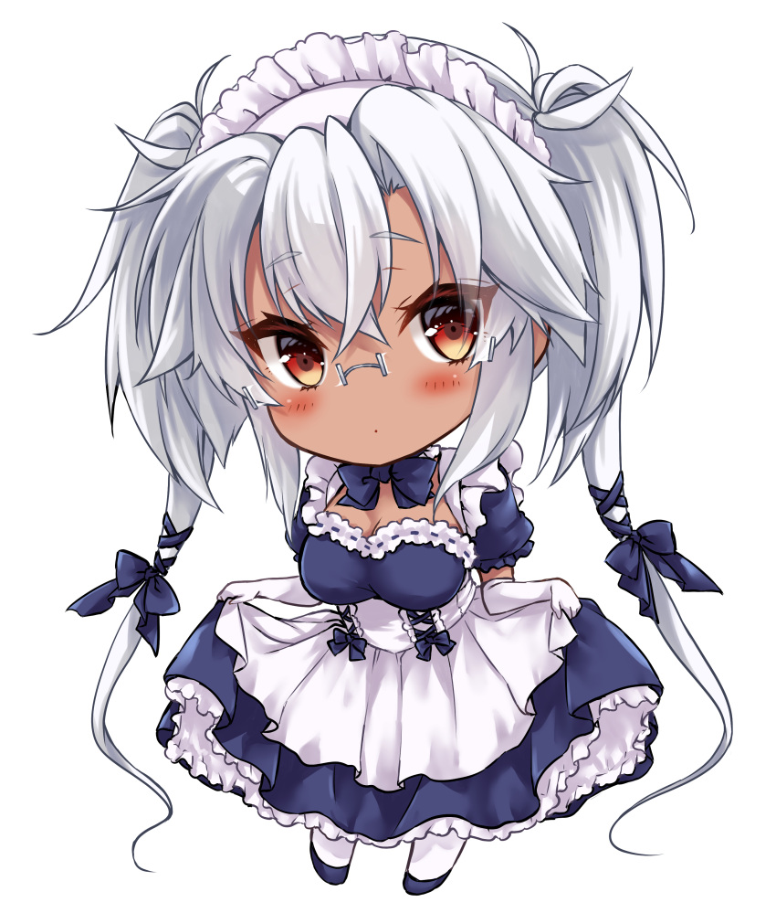 1girl absurdres alternate_costume apron blue_dress breasts chibi dark-skinned_female dark_skin dress elbow_gloves enmaided frilled_dress frills full_body glasses gloves grey-framed_eyewear grey_hair highres kantai_collection large_breasts long_hair maid maid_apron maid_headdress mashiro_yukiya musashi_(kancolle) musashi_kai_ni_(kancolle) puffy_short_sleeves puffy_sleeves rectangular_eyewear red_eyes semi-rimless_eyewear short_sleeves solo twintails very_long_hair white_apron white_gloves