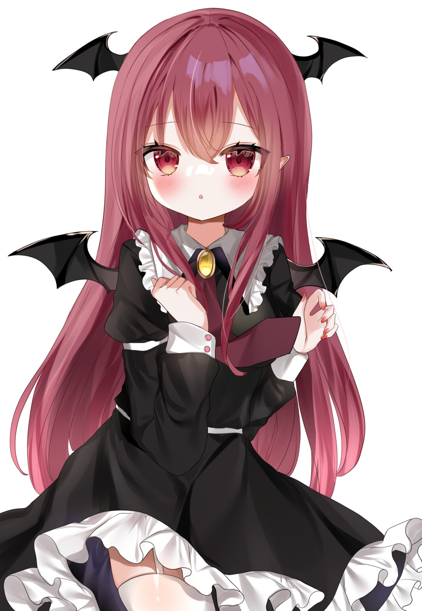 1girl :o absurdres alternate_costume bangs black_dress blush cowboy_shot dress enmaided eyebrows_visible_through_hair frilled_dress frills hair_between_eyes head_wings highres juliet_sleeves koakuma long_hair long_sleeves looking_at_viewer maid nail_polish okome2028 parted_lips puffy_sleeves red_eyes red_nails redhead simple_background solo thigh-highs touhou very_long_hair white_background white_legwear wings
