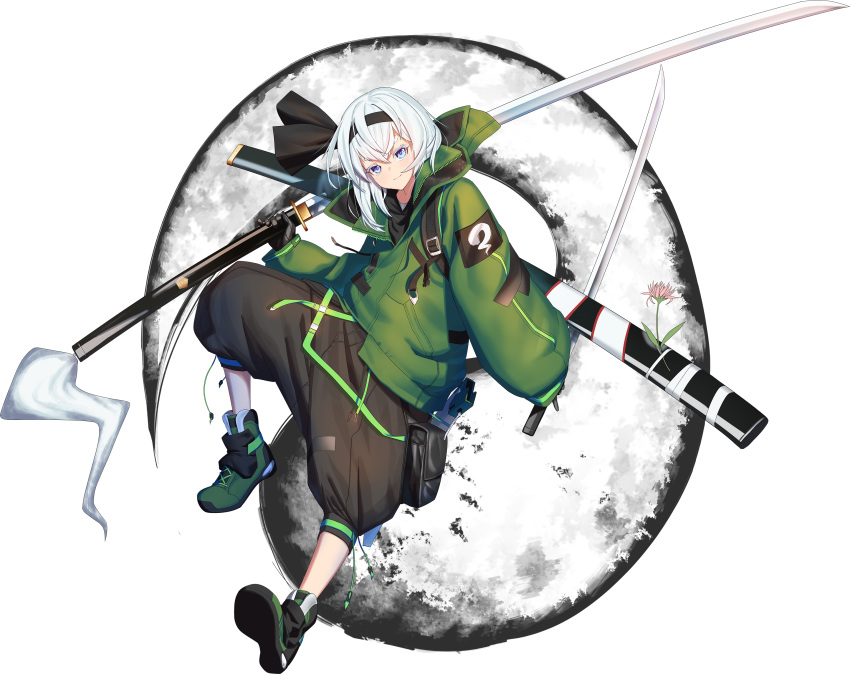 1girl absurdres alternate_costume baggy_pants bangs black_footwear black_hairband black_pants blue_eyes blush bob_cut commentary_request dual_wielding ehddus eyelashes green_jacket hairband highres hitodama hitodama_print holding hood hoodie jacket katana konpaku_youmu konpaku_youmu_(ghost) long_sleeves over_shoulder pants puffy_sleeves reverse_grip scabbard sheath shoes short_hair sneakers solo sword touhou weapon weapon_over_shoulder white_hair