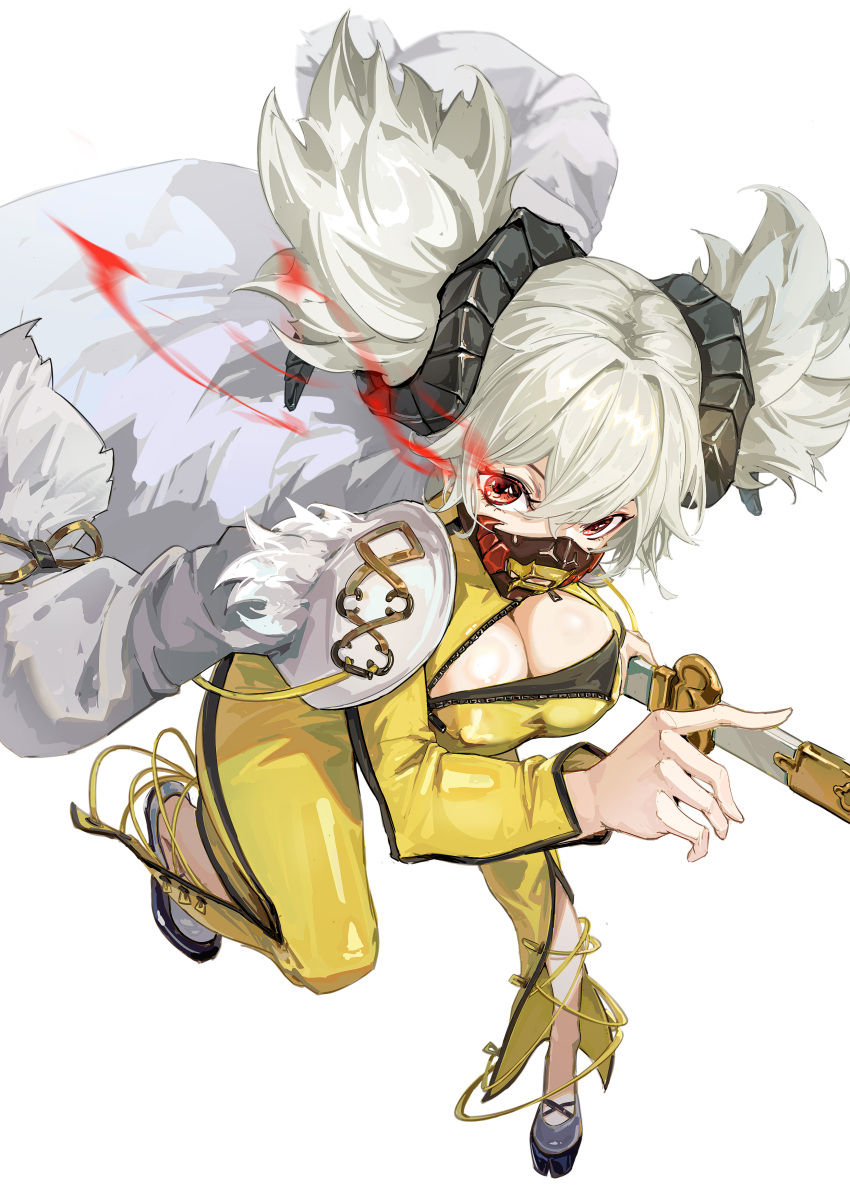 1girl absurdres bangs black_footwear bodysuit breasts cape cleavage_cutout clothing_cutout crossed_bangs grey_hair guardian_tales highres holding holding_weapon horns katana large_breasts latex latex_bodysuit mask medium_hair mouth_mask pose red_eyes sheep_girl sheep_horns sword sword_of_werebeast_rey weapon white_background yellow_bodysuit zipper zuihou_de_miao_pa_si