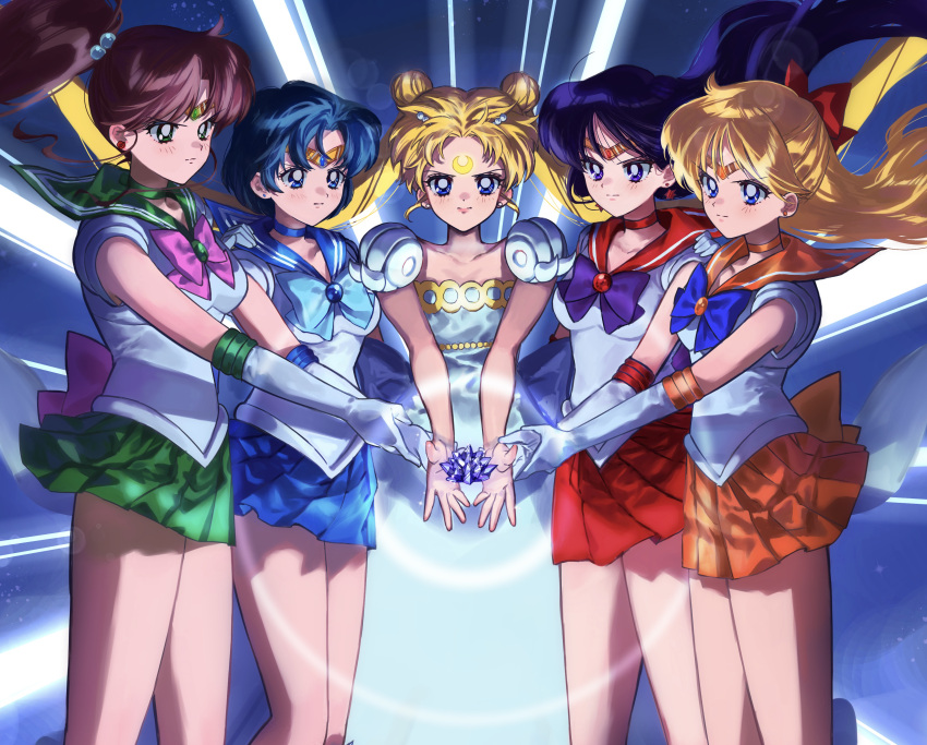5girls absurdres bangs bare_legs bishoujo_senshi_sailor_moon blonde_hair blue_bow blue_bowtie blue_choker blue_eyes blue_hair blue_sailor_collar blue_skirt blush bow bowtie brown_hair choker circlet closed_mouth collarbone collared_shirt double_bun dress earrings elbow_gloves facial_mark floating_hair gloves green_choker green_eyes green_sailor_collar green_skirt hair_bobbles hair_intakes hair_ornament hand_on_another's_shoulder high_ponytail highres inner_senshi jewelry long_hair miniskirt multiple_girls orange_choker orange_sailor_collar orange_skirt p_m_ame parted_bangs pleated_skirt princess_serenity purple_bow purple_bowtie purple_hair red_choker red_sailor_collar red_skirt sailor_collar sailor_collar_lift sailor_jupiter sailor_mars sailor_mercury sailor_senshi_uniform sailor_shirt sailor_venus shiny shiny_hair shirt short_hair skirt sleeveless sleeveless_shirt standing very_long_hair violet_eyes white_dress white_gloves white_shirt