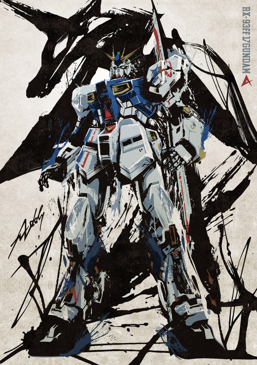 absurdres addy_(8jkvii4xitwgtix) artist_name char's_counterattack character_name english_commentary green_eyes gundam highres ink_(medium) mecha mixed-language_commentary mobile_suit no_humans nu_gundam_(rx-93ff) open_hands solo traditional_media v-fin