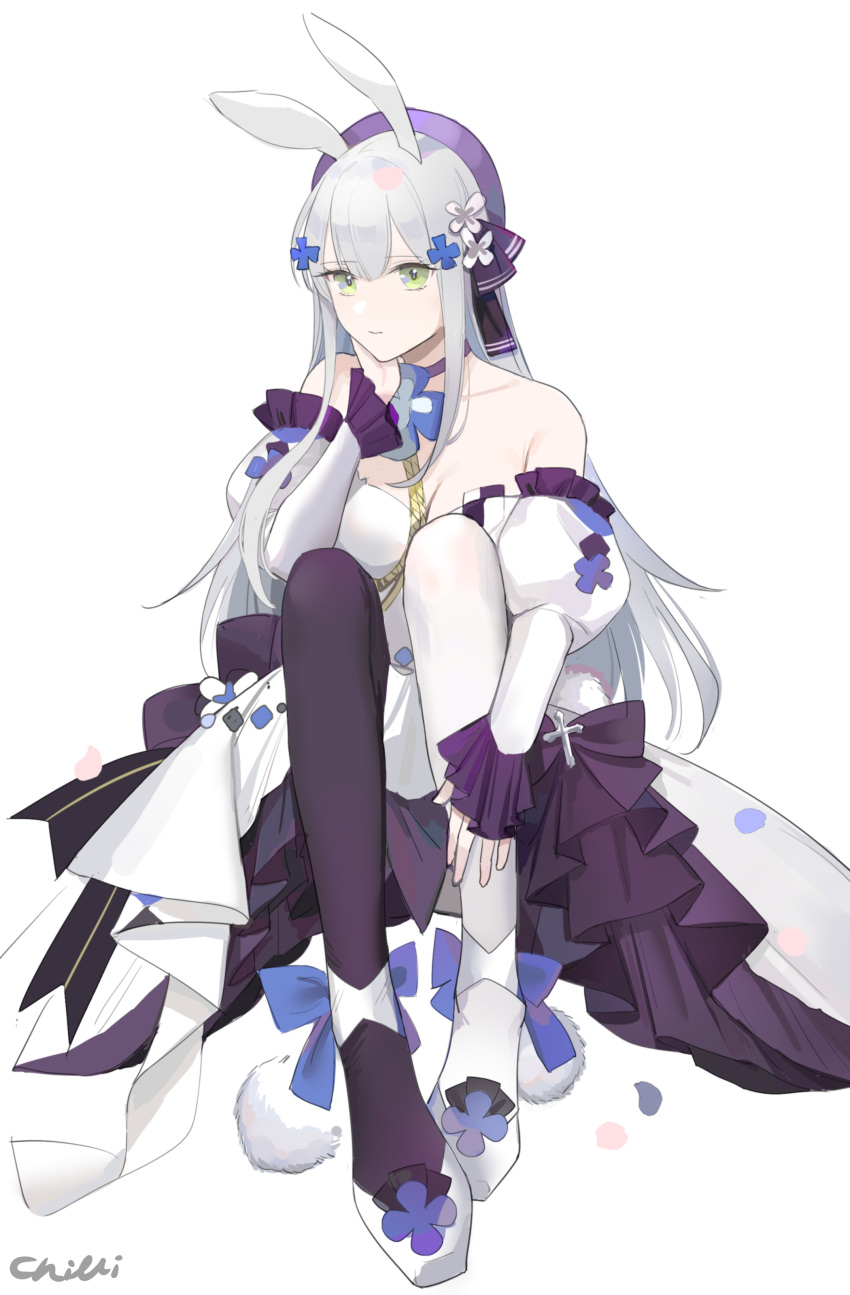 1girl absurdres chilli_646 dress evening_gown girls_frontline highres hk416_(girls'_frontline) hk416_(starry_cocoon)_(girls'_frontline) layered_dress official_alternate_costume sitting strapless white_background yellow_eyes