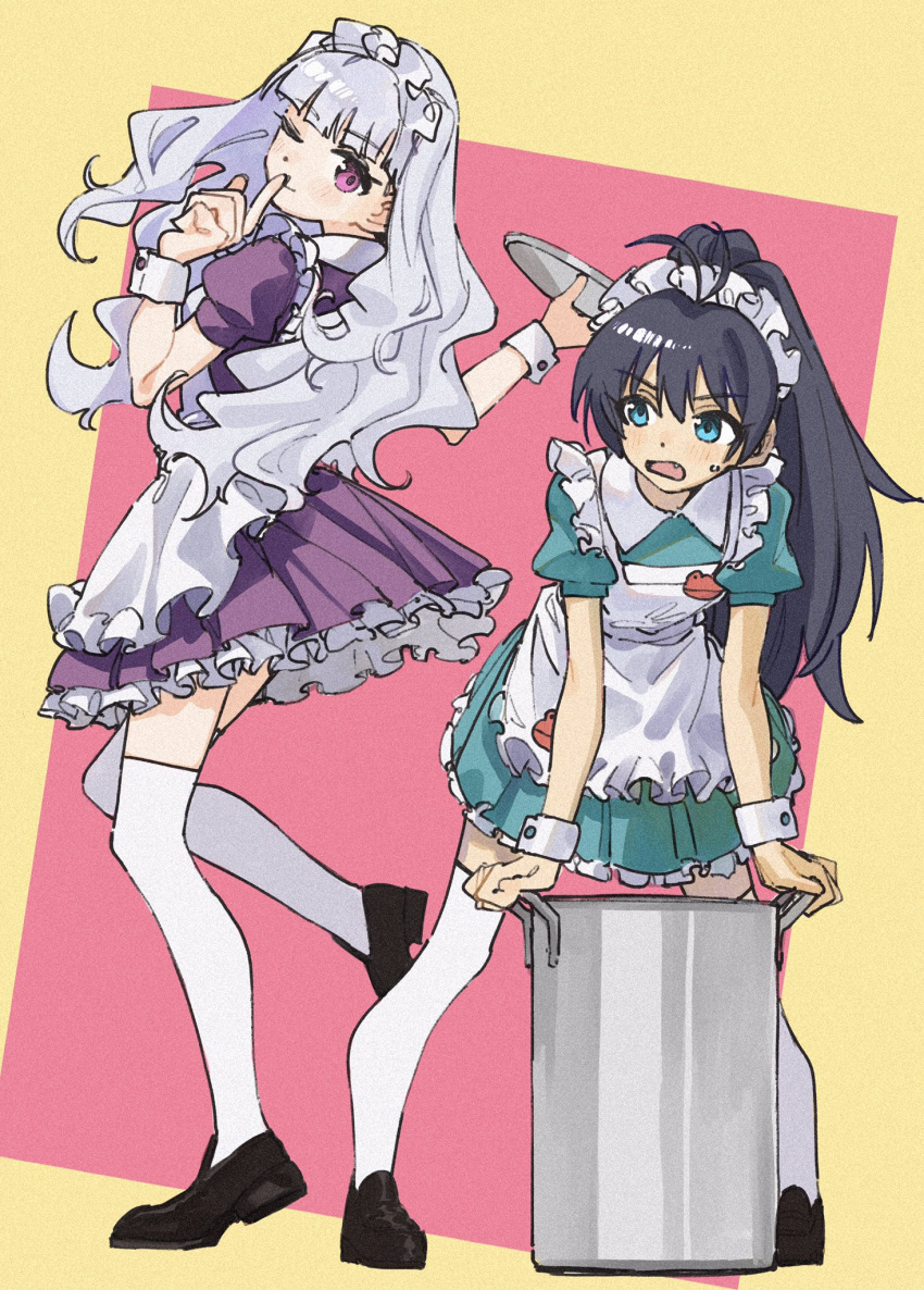 2girls apron bangs black_footwear black_hair blue_eyes blunt_bangs blush dress fang finger_to_mouth frilled_apron frilled_hairband frills full_body ganaha_hibiki green_dress grey_hair hairband highres idolmaster idolmaster_(classic) index_finger_raised loafers long_hair maid maid_apron maid_headdress multiple_girls one_eye_closed open_mouth pink_eyes ponytail pot purple_dress shijou_takane shoes short_sleeves sweatdrop tenoo12 thigh-highs two-tone_background wavy_hair white_apron white_legwear wrist_cuffs