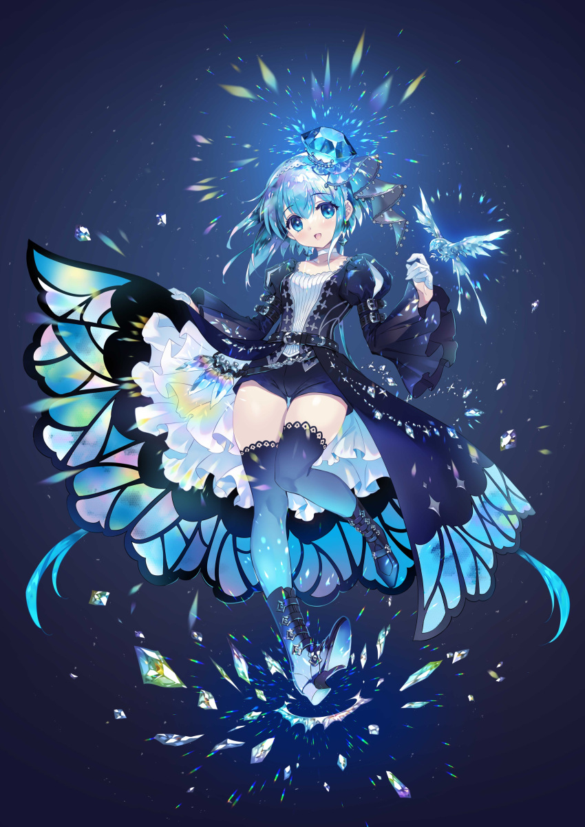 1girl absurdres aoki_lapis aqua_eyes bird black_legwear black_shorts blush carnelian commentary_request full_body highres looking_at_viewer open_mouth shorts solo thigh-highs vocaloid