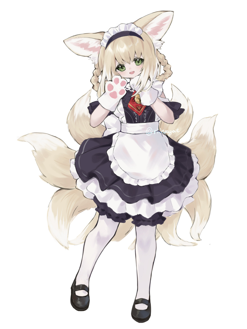 1girl alternate_costume animal_ear_fluff animal_ears animal_hands apron arknights bangs bell black_bloomers black_dress braid commentary_request dress enmaided eyebrows_visible_through_hair fox_ears fox_girl fox_tail frilled_apron frills full_body gloves green_eyes hair_between_eyes hair_rings hands_up head_tilt highres jingle_bell kyuubi light_brown_hair maid maid_headdress multiple_tails neck_bell pantyhose paw_gloves riinougat short_sleeves simple_background solo standing suzuran_(arknights) tail twin_braids twitter_username white_apron white_background white_gloves white_legwear