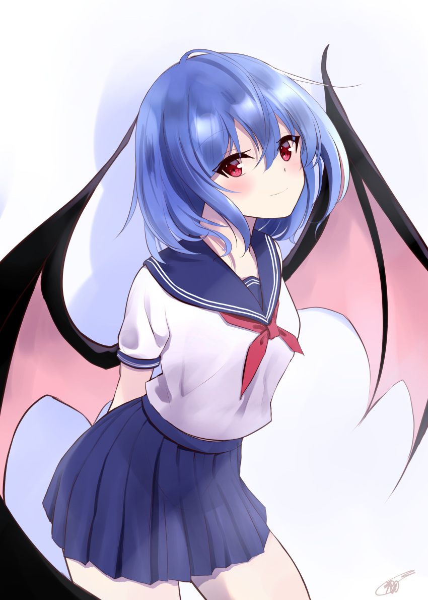 1girl absurdres ahoge alternate_costume bangs bat_wings blue_hair blue_skirt blush breasts closed_mouth commentary_request eyebrows_visible_through_hair eyes_visible_through_hair hair_between_eyes highres hoshikage_syo looking_at_viewer medium_breasts miniskirt neck_ribbon no_hat no_headwear puffy_short_sleeves puffy_sleeves red_eyes red_ribbon remilia_scarlet ribbon sailor_collar school_uniform serafuku shadow shirt short_sleeves signature simple_background skirt smile solo standing touhou white_background white_shirt wings