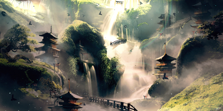 bird bridge commentary_request fen_fen_fen_fen grass highres light_rays nature no_humans original outdoors pagoda rainbow scenery signature sunbeam sunlight torii water waterfall