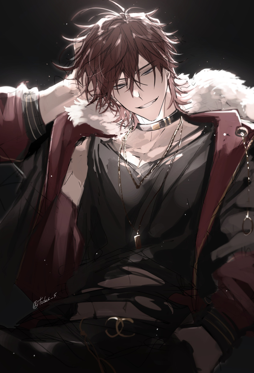 1boy absurdres amagi_rinne belt belt_buckle black_background black_collar black_jacket black_shirt buckle collar ensemble_stars! fur-trimmed_jacket fur_trim grey_eyes grin hair_between_eyes hand_in_pocket hand_on_own_head hand_up head_tilt highres jacket jewelry light_particles male_focus navel necklace o-ring open_clothes open_jacket pants redhead shirt short_hair shunnyun signature smile solo torn_clothes torn_shirt two-sided_fabric upper_body v-neck