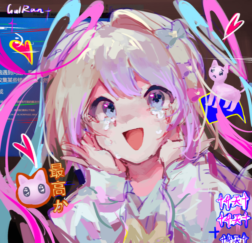 1girl :d blonde_hair blue_bow blue_eyes blue_hair blue_screen_of_death blue_shirt bow cat chinese_commentary chinese_text chouzetsusaikawa_tenshi-chan crying crying_with_eyes_open guiran hair_bow heart highres long_hair multicolored_hair multiple_hair_bows neck_ribbon needy_girl_overdose pink_bow pink_cat pink_hair purple_bow quad_tails ribbon sad_smile shirt sketch sleeve_cuffs smile solo tears yellow_ribbon