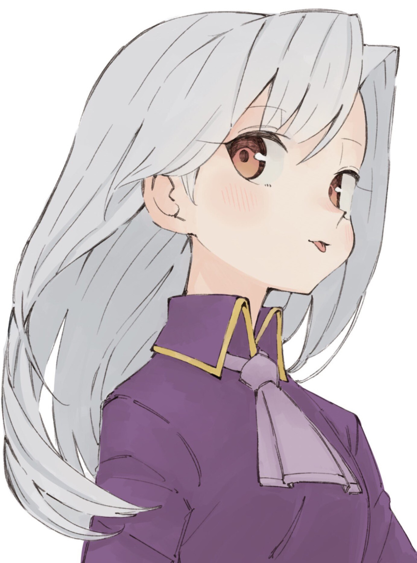 1girl :p ascot blush brown_eyes fate/stay_night fate_(series) floating_hair highres illyasviel_von_einzbern jacket long_hair looking_to_the_side purple_jacket simple_background sketch smile solo tenoo12 tongue tongue_out upper_body white_background white_hair