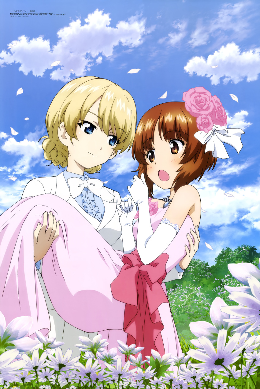 2girls :o absurdres bangs blonde_hair blue_eyes blue_shirt blue_sky bow bowtie braid bridal_gauntlets brown_eyes brown_hair carrying cherry_blossoms closed_mouth darjeeling_(girls_und_panzer) day dress eyebrows_visible_through_hair field flower flower_field girls_und_panzer hair_flower hair_ornament highres jacket jewelry jitsuhara_noboru looking_at_another megami_magazine multiple_girls necklace nishizumi_miho official_art open_mouth outdoors pink_dress princess_carry scan shirt short_hair sky smile tree tuxedo tuxedo_jacket tuxedo_shirt wedding_dress white_jacket yuri