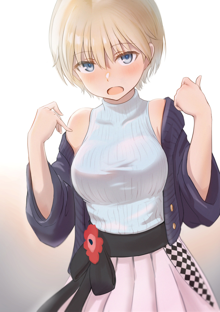1girl alternate_costume bare_shoulders blonde_hair blue_eyes blue_sweater brave_witches breasts dutch_angle gradient gradient_background hair_between_eyes highres jacket large_breasts looking_at_viewer lowlegist nikka_edvardine_katajainen open_mouth ribbed_sweater skirt sleeveless sleeveless_sweater solo sweater turtleneck turtleneck_sweater world_witches_series