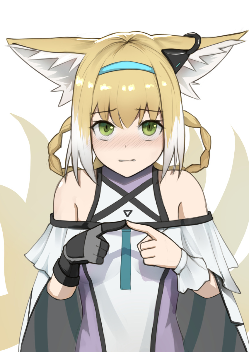 1girl animal_ear_fluff animal_ears arknights bangs bare_shoulders blonde_hair blue_hairband blush braid breasts commentary dress english_commentary eyebrows_visible_through_hair fox_ears fox_girl fox_tail gloves green_eyes grey_gloves hair_between_eyes hair_rings hairband highres kitsune krirk multicolored_hair nose_blush parted_lips purple_dress simple_background single_glove small_breasts solo suzuran_(arknights) tail twin_braids two-tone_hair white_background white_hair