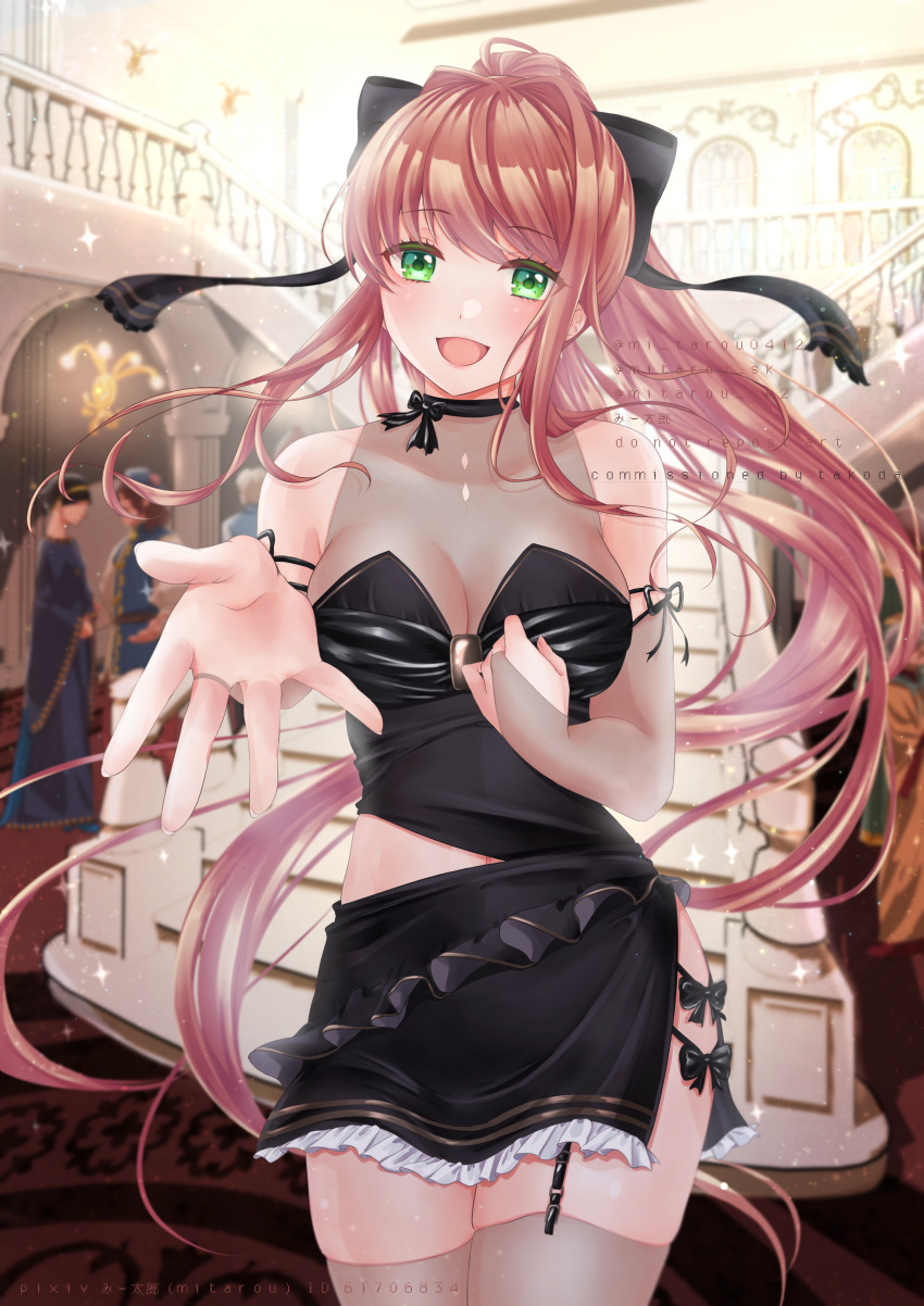 1girl absurdres blush bow brown_hair doki_doki_literature_club dress eyebrows_visible_through_hair green_eyes highres long_hair looking_at_viewer mi_tarou0412 monika_(doki_doki_literature_club) open_mouth outstretched_arm outstretched_hand ponytail pov reaching_out ribbon smile solo