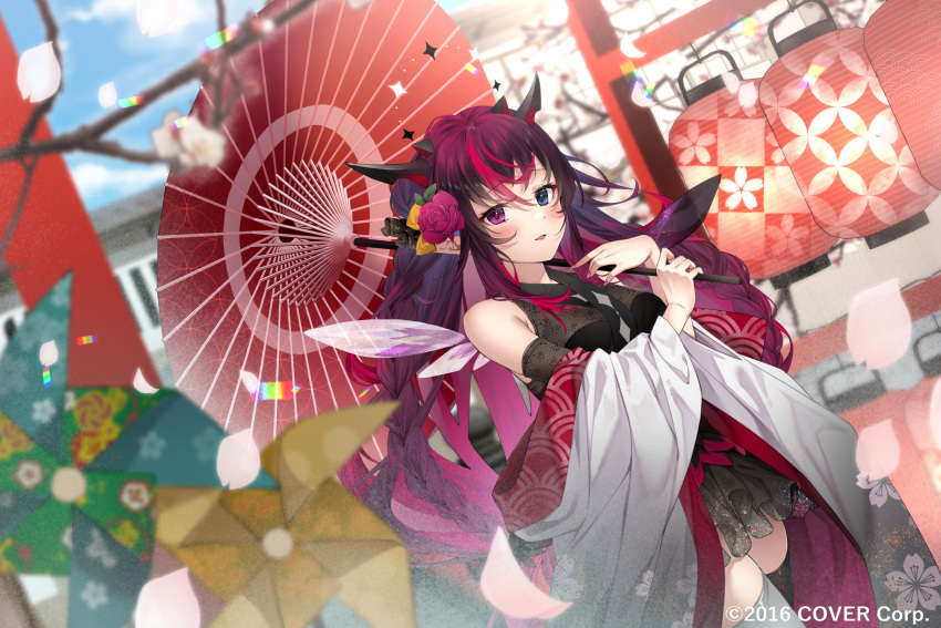 1girl asymmetrical_legwear bangs bare_shoulders blue_eyes blush breasts commentary company_name copyright demon_girl demon_horns detached_wings flower hair_flower hair_ornament highres holding holding_umbrella hololive hololive_english horns irys_(hololive) izumi_kei japanese_clothes kimono lantern long_hair looking_at_viewer mismatched_legwear multiple_horns oil-paper_umbrella paper_windmill purple_hair solo umbrella very_long_hair violet_eyes virtual_youtuber wings