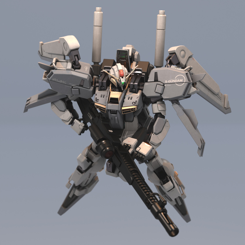 3d absurdres beam_rifle blender_(medium) concept_art energy_gun glowing gundam gundam_sentinel highres light machinery mecha mjeff mobile_suit no_humans realistic s_gundam science_fiction simple_background weapon