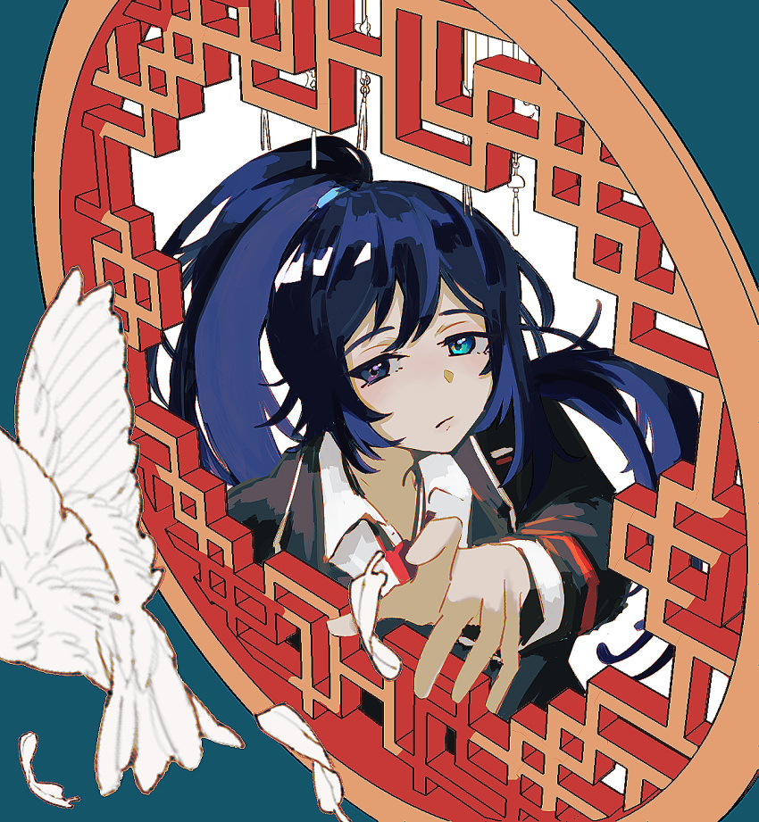 1boy aqua_eyes bird black_jacket blue_eyes closed_mouth collared_shirt dark_blue_hair dove feathers heterochromia high_ponytail highres hong_lu jacket limbus_company long_hair long_sleeves nakame77 necktie outstretched_hand ponytail project_moon reaching_out red_necktie shirt solo suit_jacket white_bird white_dove white_feathers white_shirt