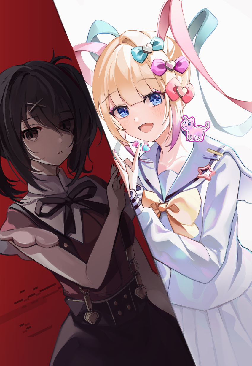 2girls absurdres ame-chan_(needy_girl_overdose) bangs blonde_hair blue_eyes blunt_bangs bow chouzetsusaikawa_tenshi-chan collarbone eyebrows_visible_through_hair eyes_visible_through_hair hair_bow hair_ornament heart highres holographic_clothing iridescent looking_at_viewer multicolored_nails multiple_girls multiple_hair_bows needy_girl_overdose open_mouth pien pin quad_tails simple_background x_hair_ornament zipgaemi