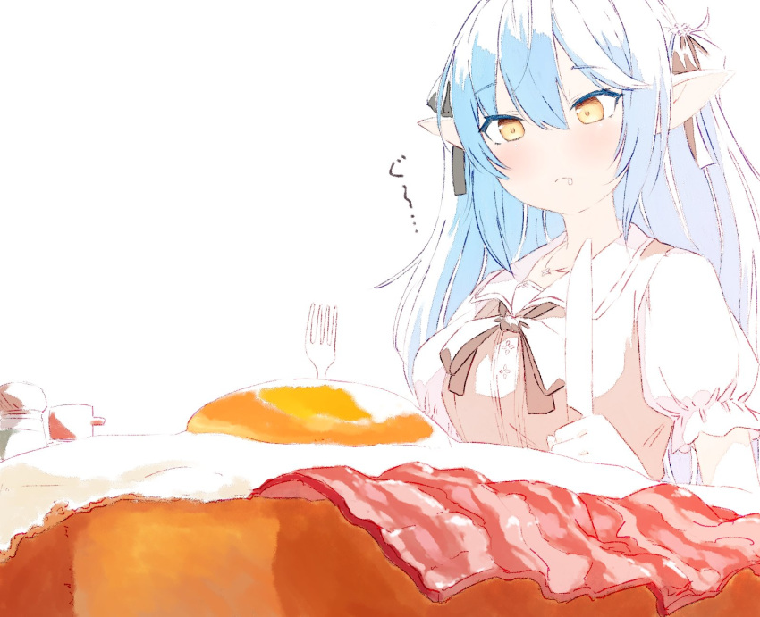 1girl bacon bangs blue_hair blush bow bowtie closed_mouth drooling elf food fork fried_egg hair_between_eyes hair_ribbon hashiguma highres holding holding_fork holding_knife hololive knife long_hair looking_at_food pointy_ears puffy_short_sleeves puffy_sleeves ribbon shirt short_sleeves solo upper_body vest virtual_youtuber white_shirt yellow_eyes yukihana_lamy