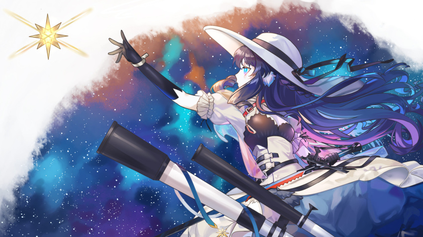 1girl animal_ears arknights astesia_(arknights) astesia_(starseeker)_(arknights) belt bird_ears black_gloves black_ribbon blue_dress blue_eyes blue_hair braid bright_pupils commentary dress elbow_gloves facing_viewer floating_hair gloves hat hat_ribbon highres holding holding_sword holding_weapon layered_dress long_hair looking_to_the_side parted_lips pixel_(user_pkds3458) puffy_short_sleeves puffy_sleeves reaching ribbon short_sleeves sky solo star_(sky) starry_sky sun_hat sword telescope upper_body weapon white_dress white_headwear white_pupils