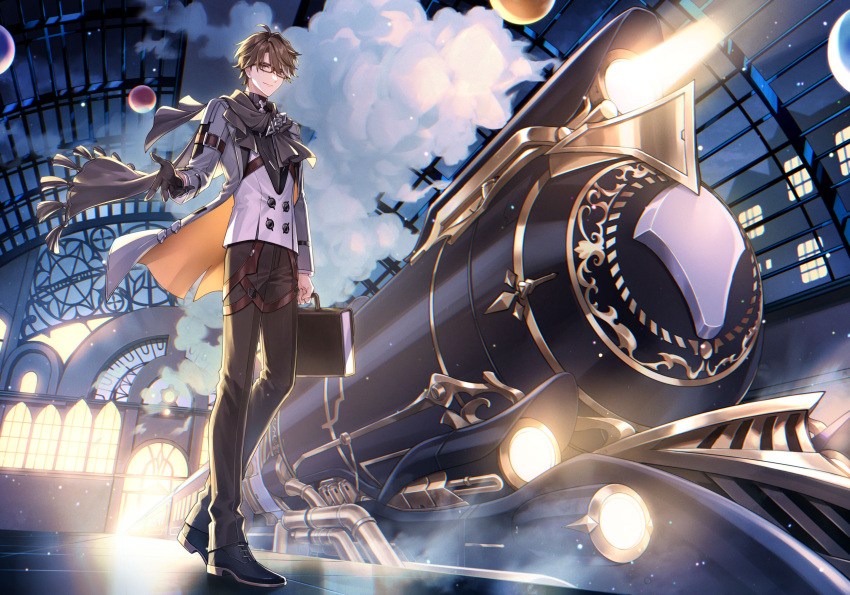 1boy amaichi_esora bangs briefcase brown_eyes brown_footwear brown_gloves brown_hair brown_pants brown_scarf closed_mouth clouds cloudy_sky full_body gloves grey_jacket ground_vehicle highres holding honkai:_star_rail honkai_(series) jacket long_sleeves looking_at_viewer outdoors pants scarf shoes short_hair single_glove sky smile solo standing train welt_yang