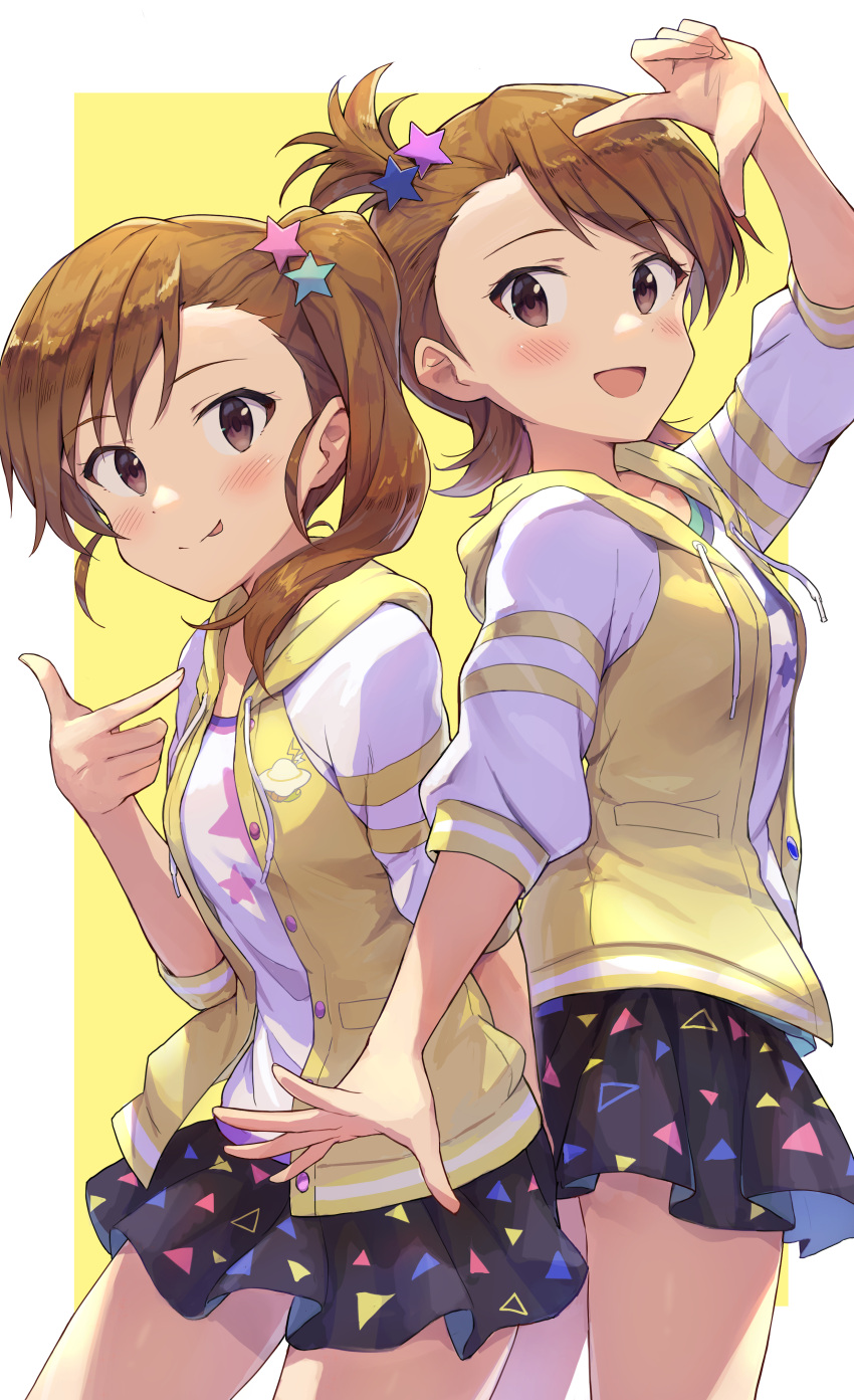 2girls :d :p absurdres black_skirt blush brown_eyes brown_hair commentary_request futami_ami futami_mami hair_ornament highres idolmaster idolmaster_(classic) jacket looking_at_viewer multiple_girls short_hair short_sleeves shuucream_(syuichi) siblings side_ponytail simple_background sisters skirt smile star_(symbol) star_hair_ornament thighs tongue tongue_out twins two-tone_background white_background yellow_background yellow_jacket