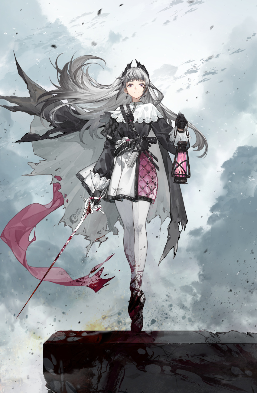 1girl absurdres ammunition_belt arknights black_gloves blood blood_on_clothes blood_on_weapon cape capelet closed_mouth commentary earrings floating_hair frown full_body gloves grey_cape grey_eyes grey_footwear grey_hair grey_jacket gun head_wings highres holding holding_lantern holding_sword holding_weapon huifeideheizhu irene_(arknights) jacket jewelry lantern long_hair long_sleeves looking_at_viewer multicolored_clothes multicolored_skirt pantyhose pink_ribbon pink_skirt rapier ribbon scar scar_across_eye scar_on_face shoes skirt solo standing sword torn_cape torn_clothes tsurime weapon white_capelet white_legwear white_skirt
