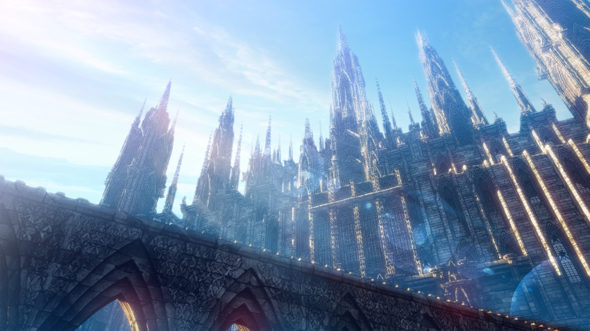 arch architecture blue_sky building castle clouds commentary day fantasy hachio81 highres lens_flare no_humans original outdoors scenery sky spire sunlight tower