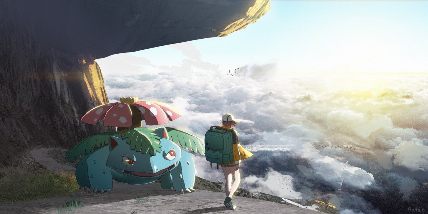 1girl above_clouds backpack bag bare_legs bird brown_hair commentary_request day green_bag hat highres jacket long_sleeves orange_jacket outdoors pateo pokemon pokemon_(creature) shoes short_hair standing venusaur white_headwear