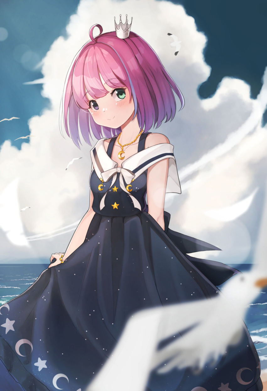 1girl absurdres ahoge bare_shoulders beach bird clouds crown dove dress highres himemori_luna hololive ikdjhm jewelry mini_crown moon_(ornament) multicolored_eyes ocean pendant pink_hair short_hair solo star_(symbol) virtual_youtuber