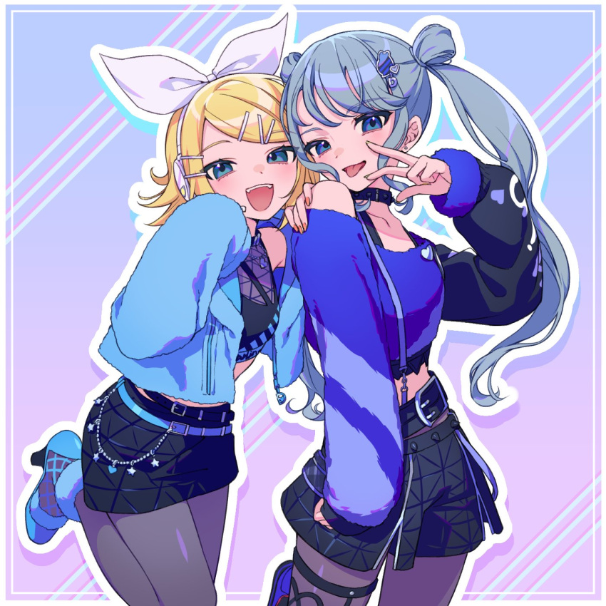 2girls akabino bangs belt black_skirt blonde_hair blue_belt blue_eyes blue_footwear blue_hair blue_jacket bow choker commentary crop_top hair_bow hair_ornament hairclip hatsune_miku headset highres jacket kagamine_rin long_hair long_sleeves medium_hair multiple_girls open_clothes open_jacket open_mouth pantyhose parted_bangs project_sekai skirt smile tongue twintails vocaloid white_bow