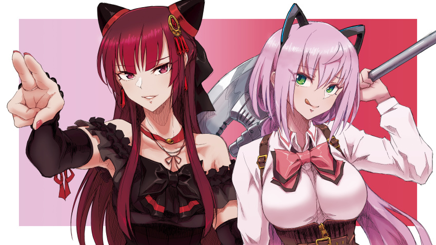 2girls :q absurdres animal_ears arm_at_side assault_lily axe bangs bare_shoulders battle_axe belt belt_buckle black_bow black_dress black_sleeves border bow bowtie breasts brown_belt brown_ribbon buckle cat_ears choker closed_mouth collarbone collared_shirt commentary_request dated_commentary detached_sleeves dress dress_bow earrings eyebrows_visible_through_hair fake_animal_ears fingernails frilled_dress frilled_sleeves frills gem gozen_(assault_lily) gradient gradient_background green_eyes grin hair_between_eyes hair_bow hair_ornament hairpods hand_up head_tilt highres holding holding_weapon jewelry long_fingernails long_hair long_sleeves looking_at_viewer low_twintails mabuta_kayumi medium_breasts multiple_girls neck_ribbon off-shoulder_dress off_shoulder outside_border outstretched_arm parted_lips pink_background pink_bow pink_bowtie pink_eyes pink_hair pink_nails reaching_out red_background red_choker red_gemstone redhead ribbon ring school_uniform shirt short_sleeves side-by-side sidelocks smile suspenders toda_eulalia_kotohi tongue tongue_out twintails underbust upper_body v-shaped_eyebrows weapon weapon_behind_back white_border white_shirt zipper_pull_tab