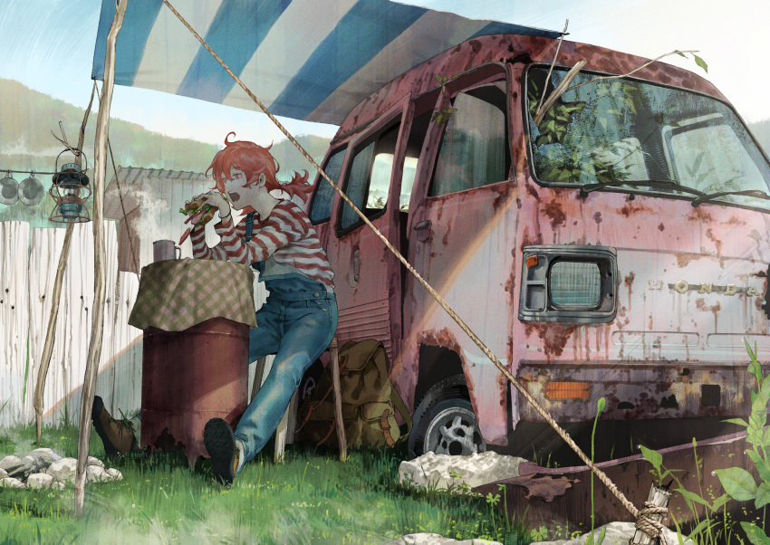 1girl absurdres backpack bag blue_overalls branch brown_footwear camping drum_(container) eating food grass ground_vehicle highres holding holding_food kento_matsuura low_twintails motor_vehicle open_mouth original overalls red_eyes redhead rope rust sandwich shirt shoes solo striped striped_shirt twintails van wreckage