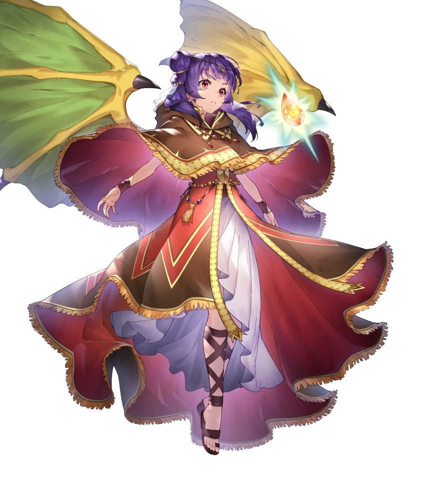 1girl bangs capelet dragon_wings dress essual_(layer_world) fire_emblem fire_emblem:_the_sacred_stones fire_emblem_heroes full_body gold_trim hair_ornament highres hood hood_down long_hair myrrh_(fire_emblem) non-web_source official official_art red_eyes short_dress solo stone toeless_footwear toes transparent_background twintails wings