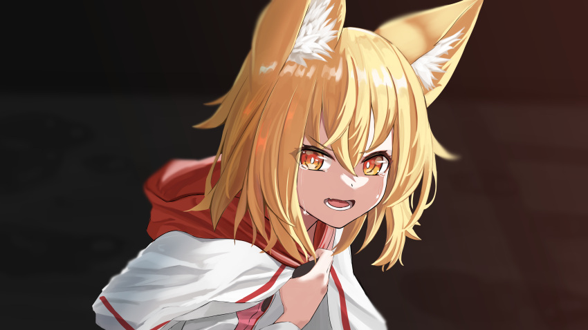 1girl absurdres animal_ear_fluff animal_ears bangs blonde_hair blurry blurry_background commentary_request copyright_request crying crying_with_eyes_open depth_of_field eyebrows_visible_through_hair fang fox_ears hair_between_eyes hand_up highres hood hood_down hooded_jacket jacket looking_at_viewer open_mouth red_eyes solo tears v-shaped_eyebrows white_jacket you_san