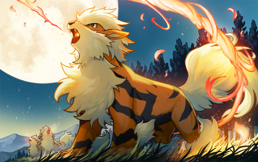 arcanine breathing_fire brown_eyes commentary_request fangs fire from_below grass looking_up moon night no_humans open_mouth outdoors pokemon pokemon_(creature) sky standing starrytree tongue