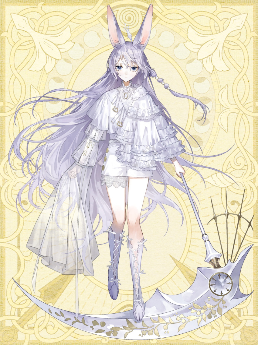 1girl animal_ears asymmetrical_sleeves belt belt_buckle blue_eyes buckle capelet chain_paradox expressionless frills full_body gathers hair_between_eyes highres holding holding_scythe kao_o0 lace-trimmed_shorts lace-up_legwear lace_trim light_purple_hair long_hair looking_at_viewer multi-tied_hair official_art puffy_sleeves rabbit_ears rabbit_girl scythe see-through see-through_sleeves shirt shorts shoulder_cape sleeves_past_fingers sleeves_past_wrists solo straight-on very_long_hair white_belt white_capelet white_legwear white_shirt white_shorts yellow_background