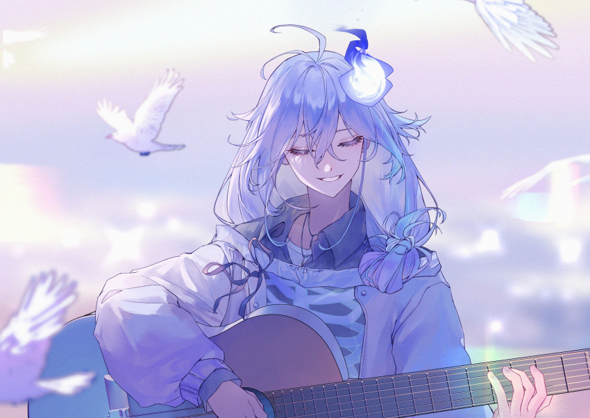 1boy acoustic_guitar antenna_hair bangs bird black_shirt blue_hair blurry breastless_clothes closed_eyes crossed_bangs depth_of_field doku_kobuko dove guitar hair_between_eyes highres hitodama holostars instrument jacket jewelry long_hair low-tied_long_hair male_focus minase_rio multicolored_hair multiple_necklaces music necklace off-shoulder_jacket off_shoulder open_collar playing_instrument purple_hair shirt skeleton_print smile solo streaked_hair undershirt upper_body virtual_youtuber white_jacket