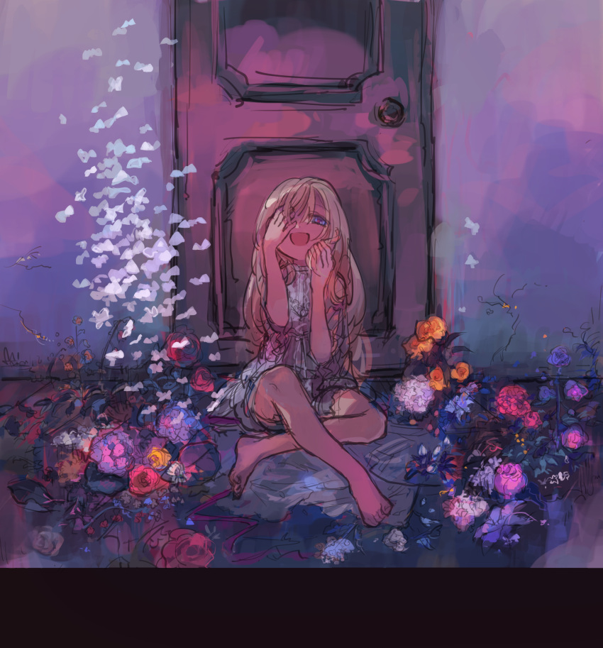 1girl :d barefoot blonde_hair blue_eyes bug butterfly cracked_wall crossed_legs door dress flower frilled_dress frills hands_on_own_face highres laughing long_hair one_eye_covered original purple_theme qwok32 red_flower red_rose rose sitting sketch smile solo white_dress yellow_flower yellow_rose