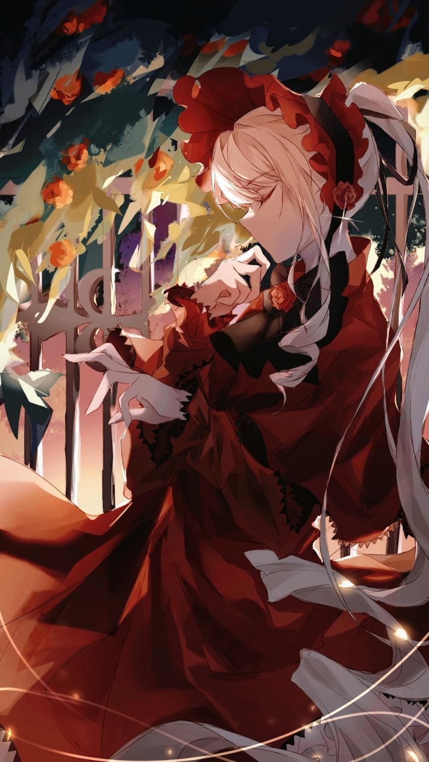 1girl bangs black_bow black_bowtie blonde_hair bonnet bow bowtie closed_eyes cowboy_shot dress drill_hair from_side hair_ribbon hands_up highres long_hair long_sleeves no_mouth profile red_dress red_headwear ribbon rozen_maiden shinku sidelocks solo twin_drills uqala very_long_hair