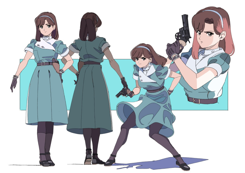 1girl aqua_dress bangs belt black_footwear brown_hair character_request copyright_request cropped_torso dress edoya_inuhachi frown full_body gloves grey_eyes grey_gloves grey_legwear gun hairband highres holding holding_gun holding_weapon looking_at_viewer medium_hair multiple_views pantyhose parted_lips revolver short_sleeves simple_background smile standing swept_bangs trigger_discipline upper_body weapon white_background white_hairband