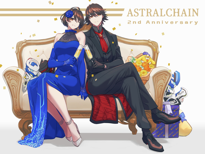 1boy 1girl absurdres akira_howard alcohol anklet anniversary astral_chain bare_legs black_footwear black_gloves black_suit blue_choker blue_dress blue_flower blue_gloves blue_rose bouquet box breasts brother_and_sister brown_eyes brown_hair champagne champagne_flute character_doll choker coattails copyright_name couch crossed_legs cup dress drinking_glass earrings elbow_gloves flower formal full_body gift gift_box gloves hair_flower hair_ornament high_heels highres jewelry large_breasts legs_together long_dress necktie one_eye_closed pinstripe_pattern pinstripe_shirt red_necktie rose shirt siblings side_slit silver_footwear sitting socks striped suit thiru3dan triangle_earrings twins